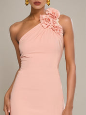 Pink 3D Floral Lace Classic One Shoulder Sleeveless Mermaid Gown Dress