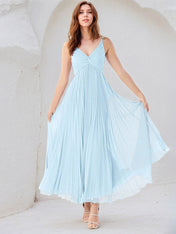 Sky Blue A-Line V Neck Floor-Length Chiffon Bridesmaid Dress