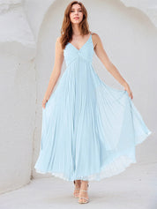 Sky Blue A-Line V Neck Floor-Length Chiffon Bridesmaid Dress
