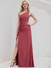 Desert Rose Chiffon A Line One Shoulder Sleeveless Floor Length Bridesmaid Dress