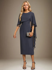 Sheath/Column Scoop Tea Length Chiffon Dress With Pleated Beading