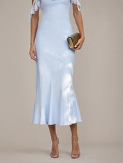 Blue Sheath/Column Satin V Neck Sleeveless Tea Length Dresses With 3D Flowers