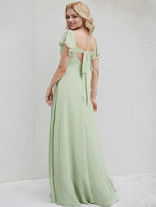 Celadon Chiffon A Line V Neck Short Sleeves Floor Length Bridesmaid Dress With Ruffle
