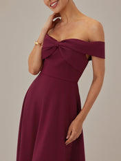 Burgundy A Line Stretch Crepe Off The Shoulder Sleeveless Tea Length Dresses