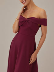 Burgundy A Line Stretch Crepe Off The Shoulder Sleeveless Tea Length Dresses