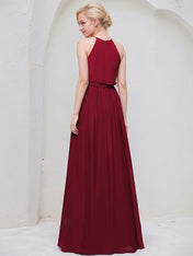 Burgundy A-Line Scoop Floor-Length Chiffon Bridesmaid Dress With Bow