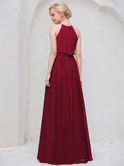 Burgundy A-Line Scoop Floor-Length Chiffon Bridesmaid Dress With Bow