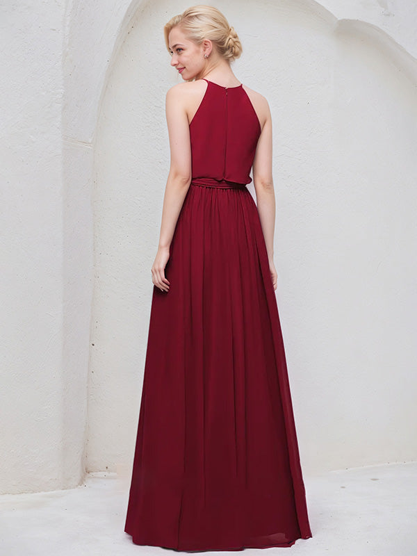 Burgundy A-Line Scoop Floor-Length Chiffon Bridesmaid Dress With Bow