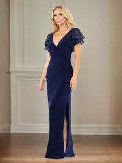 Sheath/Column Stretch Crepe V Neck Short Sleeve Floor Length Dress With Ruffles