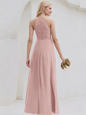 Dusty Rose A-Line Scoop Floor-Length Lace Chiffon Bridesmaid Dress