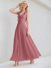 Desert Rose Chiffon A Line V Neck Sleeveless Floor Length Bridesmaid Dress With Ruffle