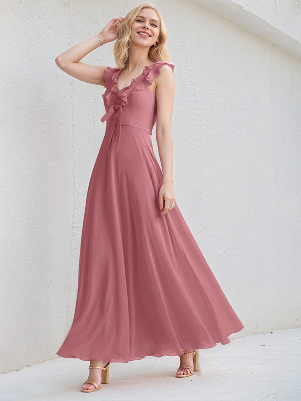 Desert Rose Chiffon A Line V Neck Sleeveless Floor Length Bridesmaid Dress With Ruffle