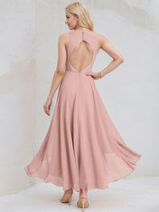 Dusty Rose Chiffon A Line V Neck Sleeveless Asymmetrical Bridesmaid Dress