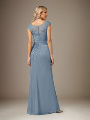 Dusty Blue Sheath/Column Chiffon Boat Neck Short Sleeves Floor Length Dress With Slit