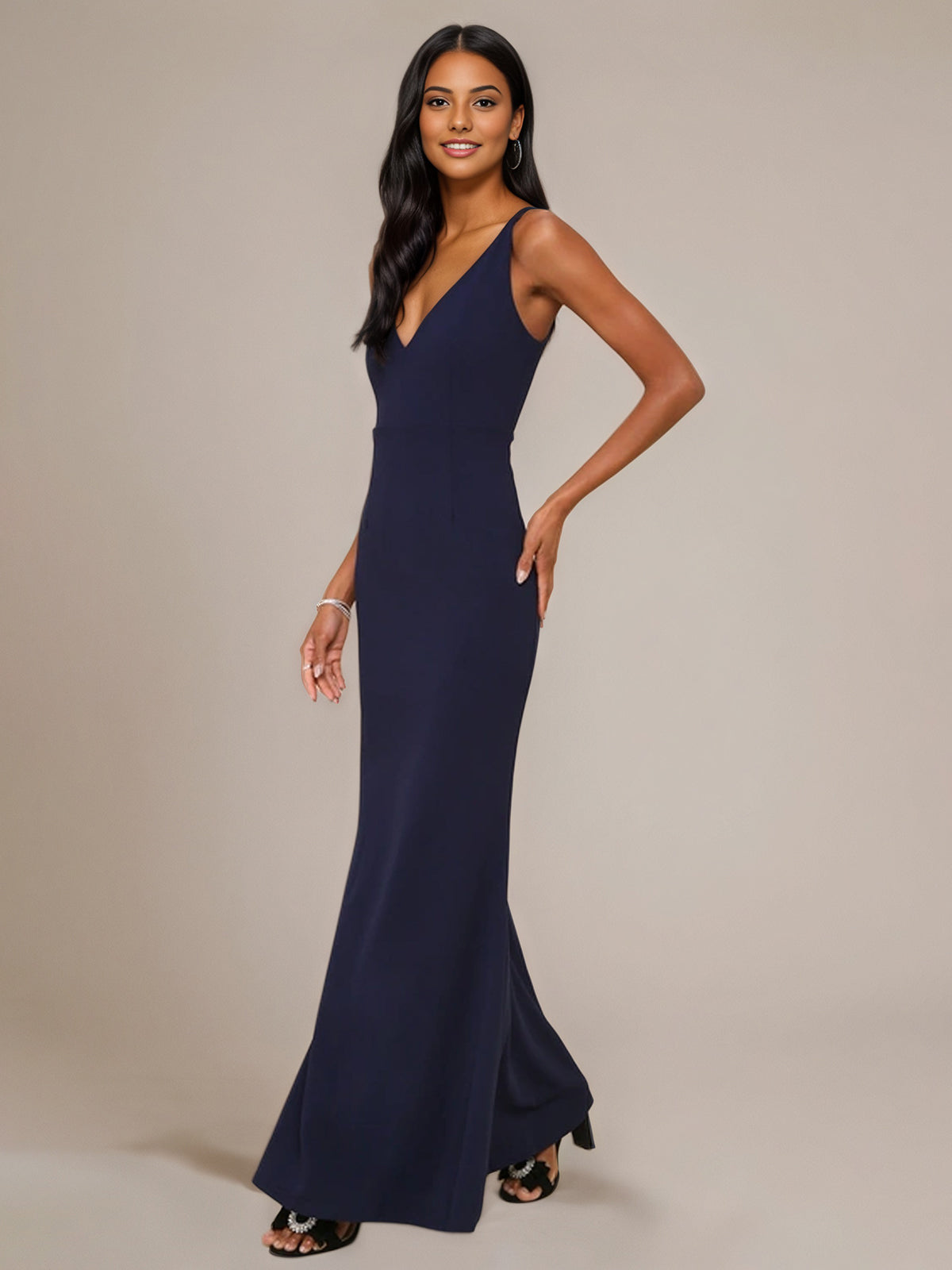 Dark Navy Sheath/Column Stretch Crepe V Neck Sleeveless Floor Length Dresses