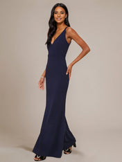 Dark Navy Sheath/Column Stretch Crepe V Neck Sleeveless Floor Length Dresses