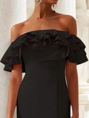 Black Off The Shoulder Ruched Sheath Midi Dress