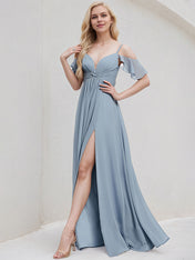 Dusty Blue Chiffon A Line Spaghetti Straps Floor Length Bridesmaid Dress With Ruffle