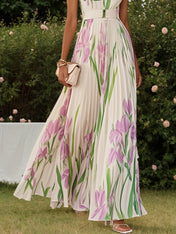 White Pleated Floral Chiffon Square Neck Sleeveless A-Line Maxi Dress