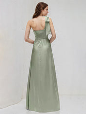 Sage Satin A Line One Shoulder Sleeveless Floor Length Bridesmaid Dresses With Bow