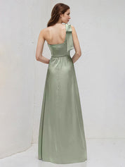 Sage Satin A Line One Shoulder Sleeveless Floor Length Bridesmaid Dresses With Bow