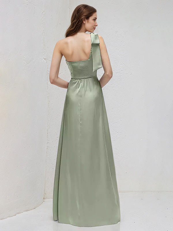 Sage Satin A Line One Shoulder Sleeveless Floor Length Bridesmaid Dresses With Bow