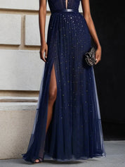 Purplish Blue Mesh Hotfix Embellished Classic V Neck Sleeveless Sheath Maxi Dress