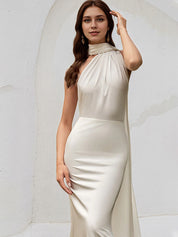 Ivory Satin Trumpet/Mermaid Halter Neck Floor Length Bridesmaid Dress
