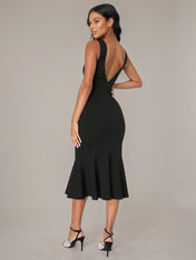 Black Sheath/Column Stretch Crepe Square Neck Sleeveless Tea Length Dresses