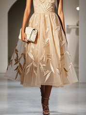 Beige 3D Floral Classic V Neck Sleeveless A-Line Midi Dress