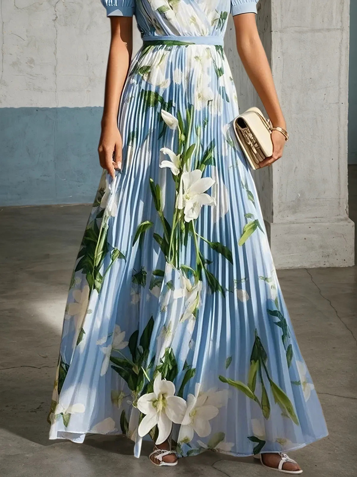 Light Blue Pleated Floral Chiffon V Neck Short Sleeve Balloon Sleeve A-Line Maxi Dress