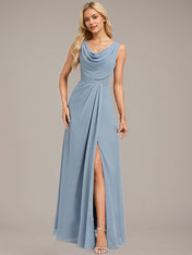 Dusty Blue A-Line V Neck Sleeveless Floor-Length Chiffon Bridesmaid Dress