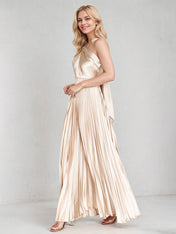 Champagne A Line Satin Cross Neck Sleeveless Floor Length Dress