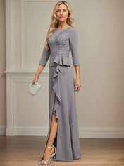 Sheath/Column Scoop Floor-Length Stretch Crepe Dress With Cascading Ruffles Appliques