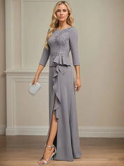 Sheath/Column Scoop Floor-Length Stretch Crepe Dress With Cascading Ruffles Appliques