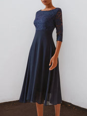 Purplish blue Lace Chiffon Crew Neck Half Sleeve A-Line Midi Dress
