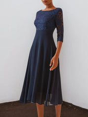 Purplish blue Lace Chiffon Crew Neck Half Sleeve A-Line Midi Dress