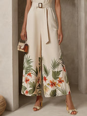 Women Off White Floral Cut Out Crew Neck Sleeveless Vacation Jumpsuit