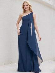 Navy Blue Chiffon A Line One Shoulder Floor Length Bridesmaid Dress