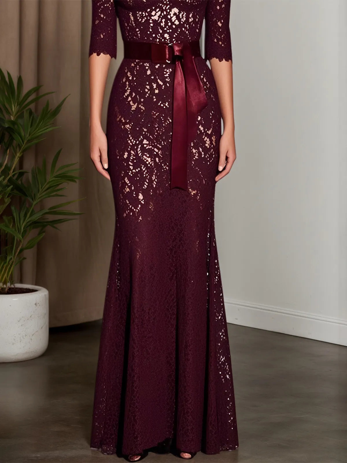 Wine Red Lace Off The Shoulder Half Sleeve Sheath Maxi Dress