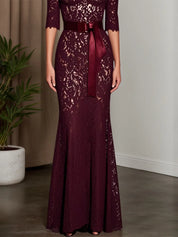 Wine Red Lace Off The Shoulder Half Sleeve Sheath Maxi Dress