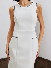 White Lace Classic Crew Neck Sleeveless Balloon Sleeve Sheath Midi Dress