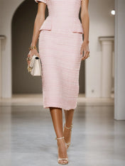 Pink Tweed V Neck Short Sleeve Sheath Midi Dress