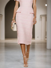 Pink Tweed V Neck Short Sleeve Sheath Midi Dress