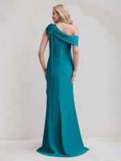 Aqua Blue Chiffon One Shoulder Sleeveless Floor Length Dress With Bow
