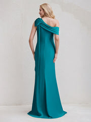Aqua Blue Chiffon One Shoulder Sleeveless Floor Length Dress With Bow