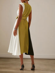 Green Color Block Cap Sleeve Satin Tie Waist A-Line Midi Dress