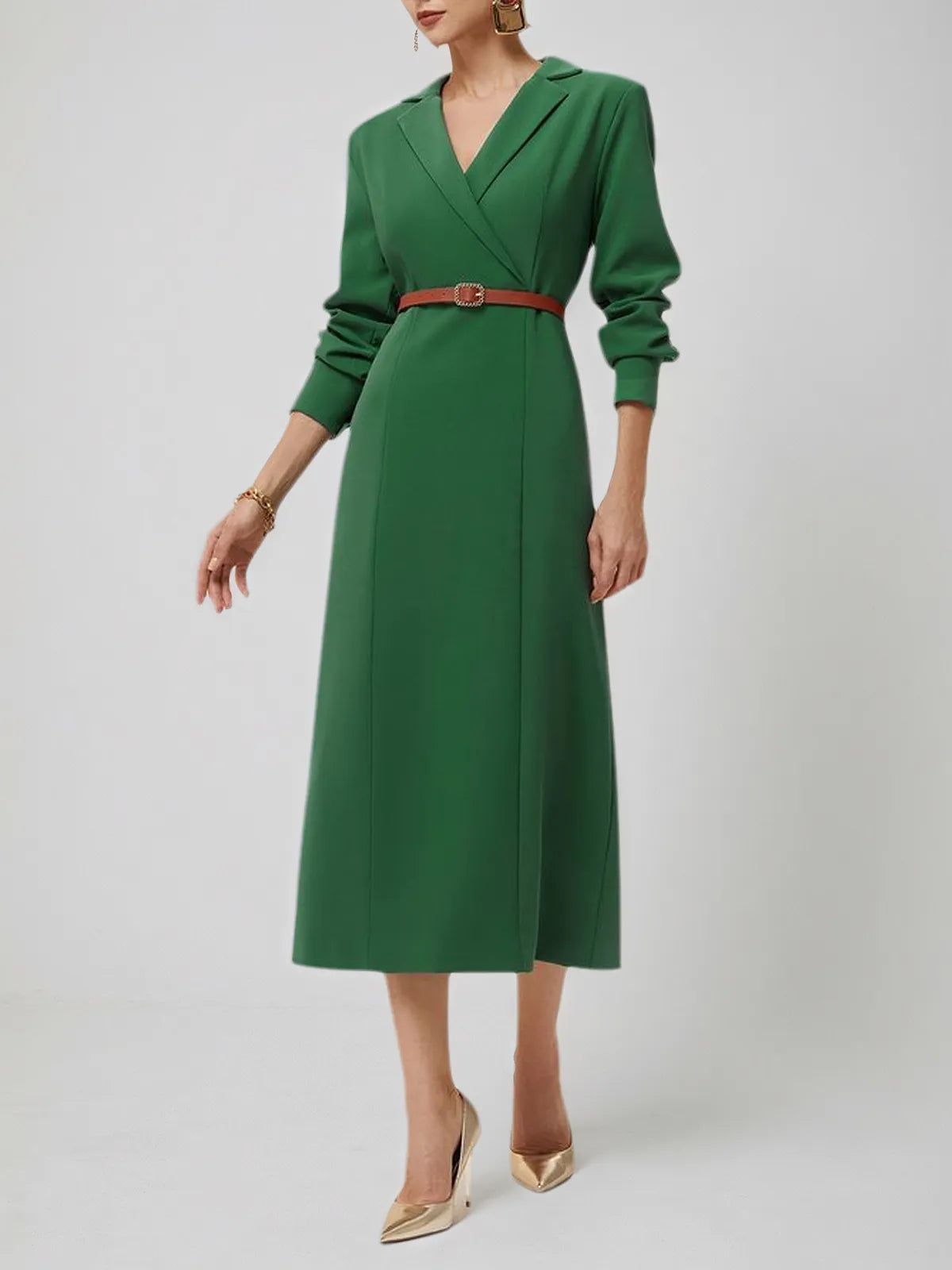 Green Lapel Collar Long Sleeve Sheath/Column Shirt Midi Dress