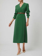 Green Lapel Collar Long Sleeve Sheath/Column Shirt Midi Dress