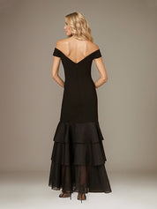 Black Stretch Crepe Off the Shoulder Sleeveless Floor Length Dress With Ruffles